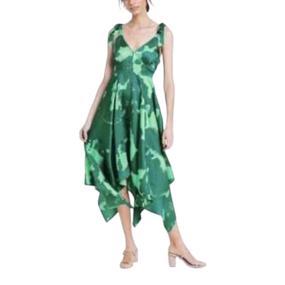 Alexis Asymmetrical Hem Green Tie Strap Midi Dress Size XXS Cocktail Evening